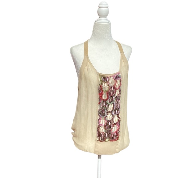 Upcycled Burning Torch Silk and Sequin Vintage Halter Top with Leather Straps - Picture 6 of 16